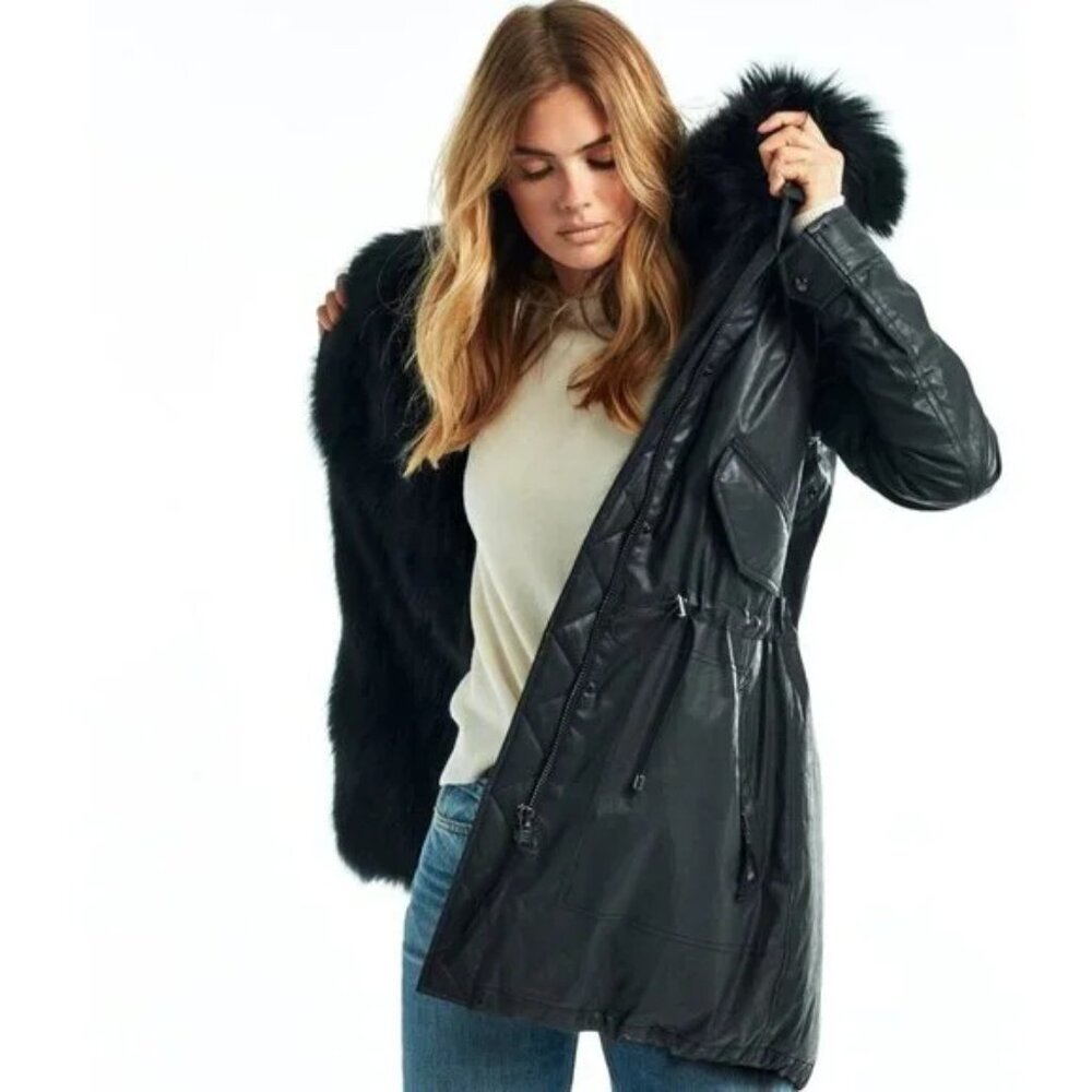 💥STUNNING!💥SAM. VTG 100% SILVER FOX FUR HOOD/PARTiAL LINING/TRIM BLACK PARKA - Picture 3 of 16